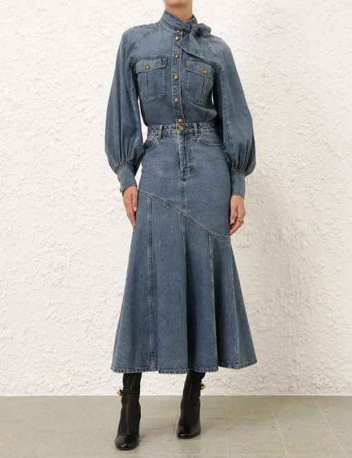 Illustration Denim Midi Skirt
