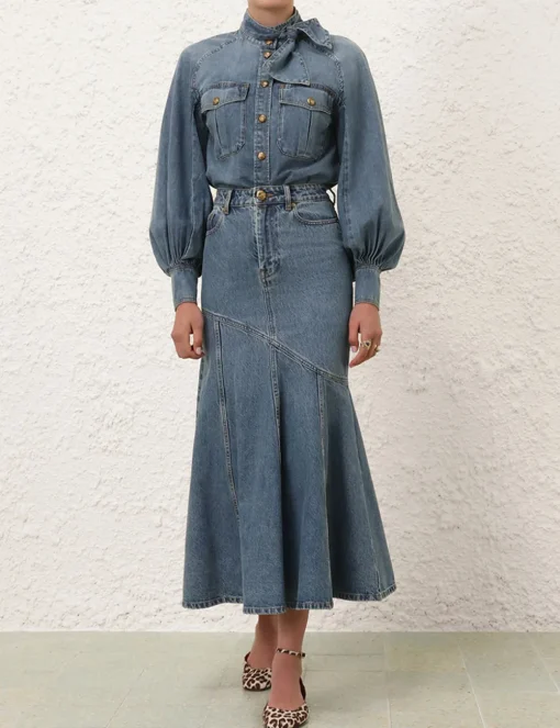 Illustration Denim Midi Skirt