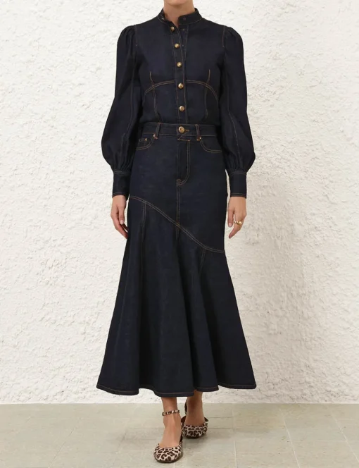 Illustration Denim Midi Skirt