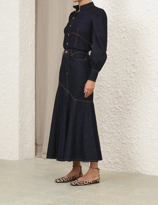 Illustration Denim Midi Skirt